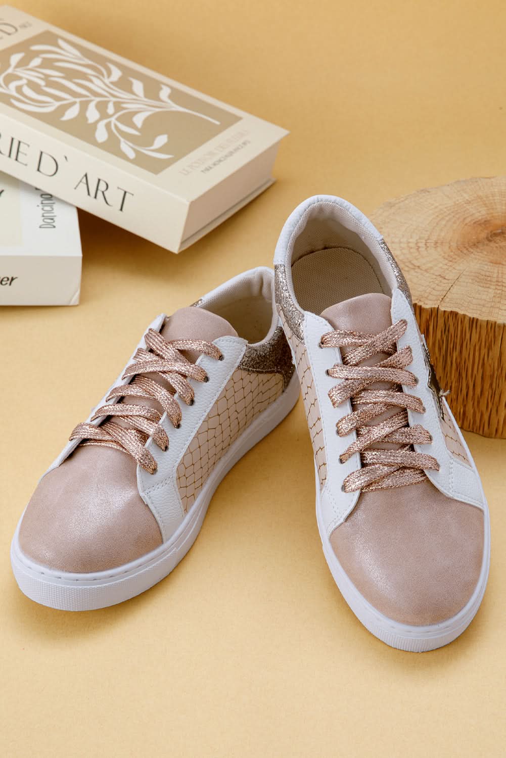 Gold Glitter Star Patchwork PU Leather Lace-up Sneakers Gold 70%PVC+30%PU