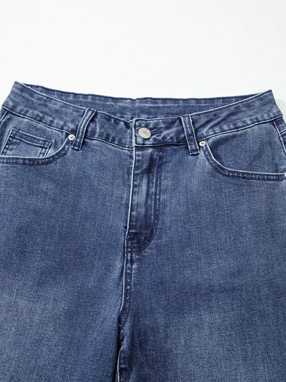 High Waist Button Zip Flare Leg Jeans Navy