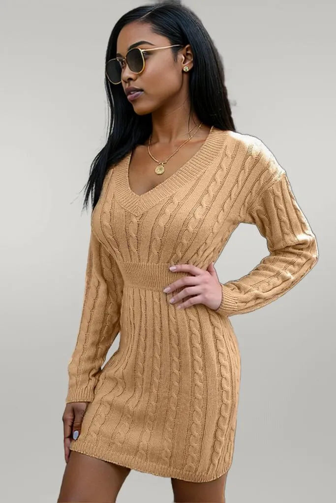 Cable-Knit V-Neck Long Sleeve Mini Sweater Dress