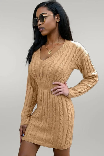 Cable-Knit V-Neck Long Sleeve Mini Sweater Dress