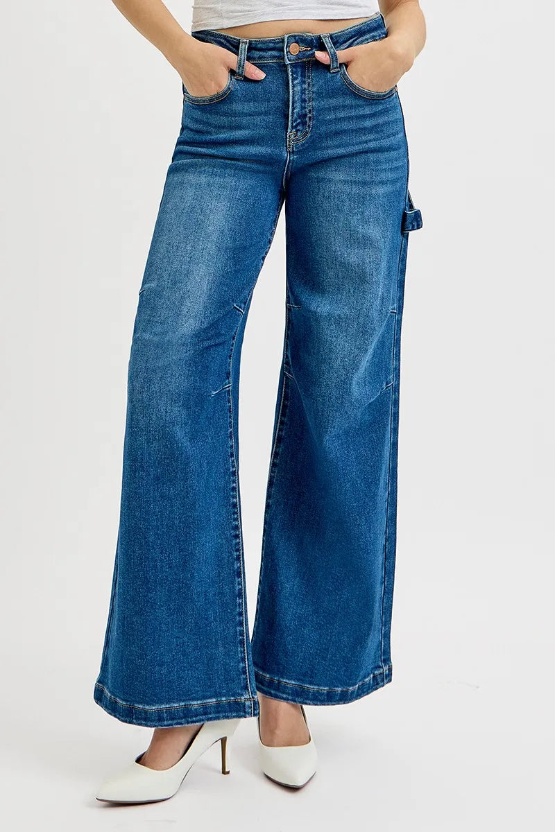 RISEN Full Size High Rise Wide Leg Patch Detailed Jeans