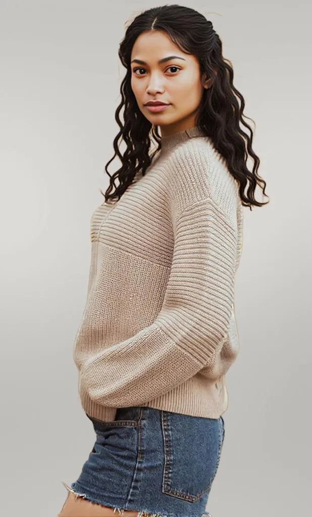 Texture Knitted Dropped Shoulder Sweater Khaki