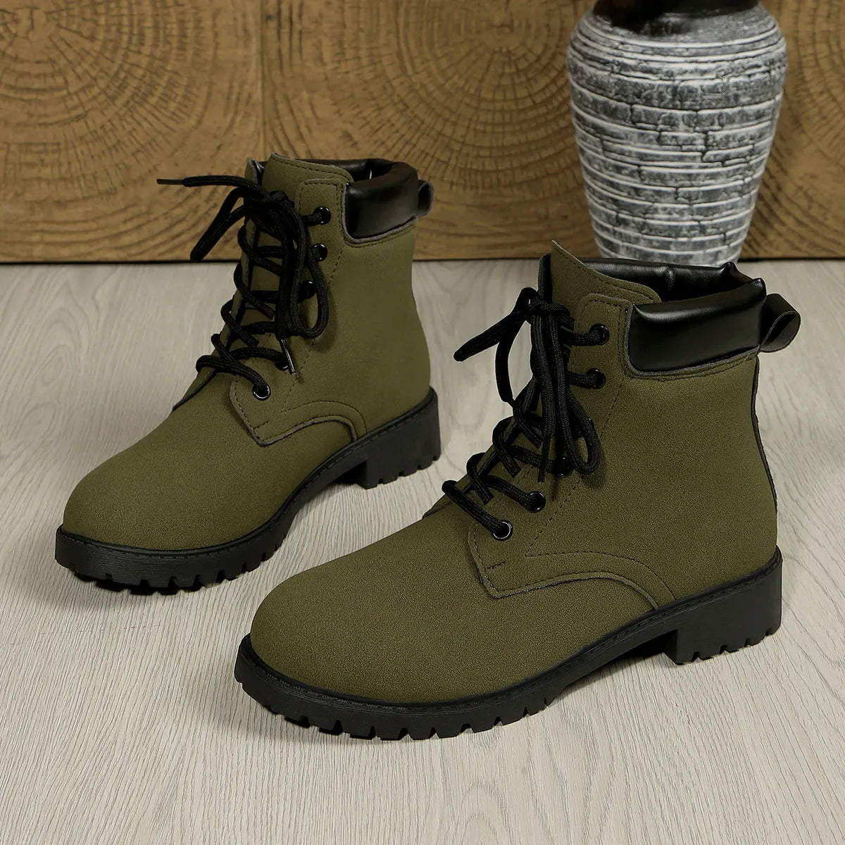 Lace Up Block Heel Boots Army Green