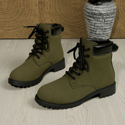 Lace Up Block Heel Boots Army Green