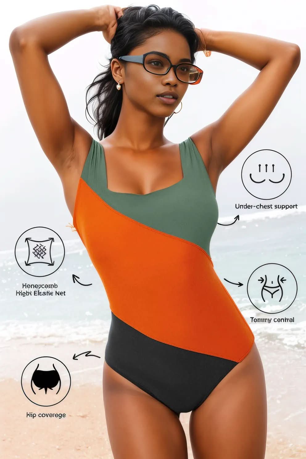 Duffel Green Color Block Padded Square Neck One Piece Swimsuit Duffel Green 82%Polyamide+18%Elastane