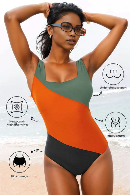 Duffel Green Color Block Padded Square Neck One Piece Swimsuit Duffel Green 82%Polyamide+18%Elastane