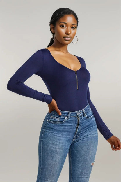 Half Zip Scoop Neck Long Sleeve Bodysuit