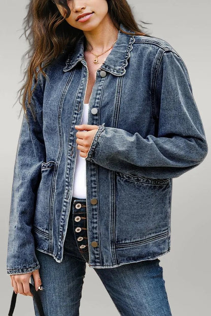 Sail Blue Scallop Trim Collar Patched Pocket Button Up Denim Jacket Sail Blue 75%Cotton+25%Polyester