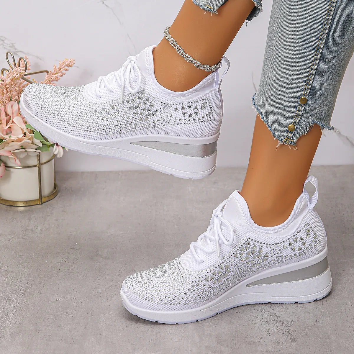 Breathable Mesh Rhinestone Wedge Athletic Sneakers Sky Blue