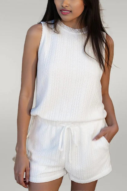Beige Textured Knit Tank Top and Drawstring Shorts Set