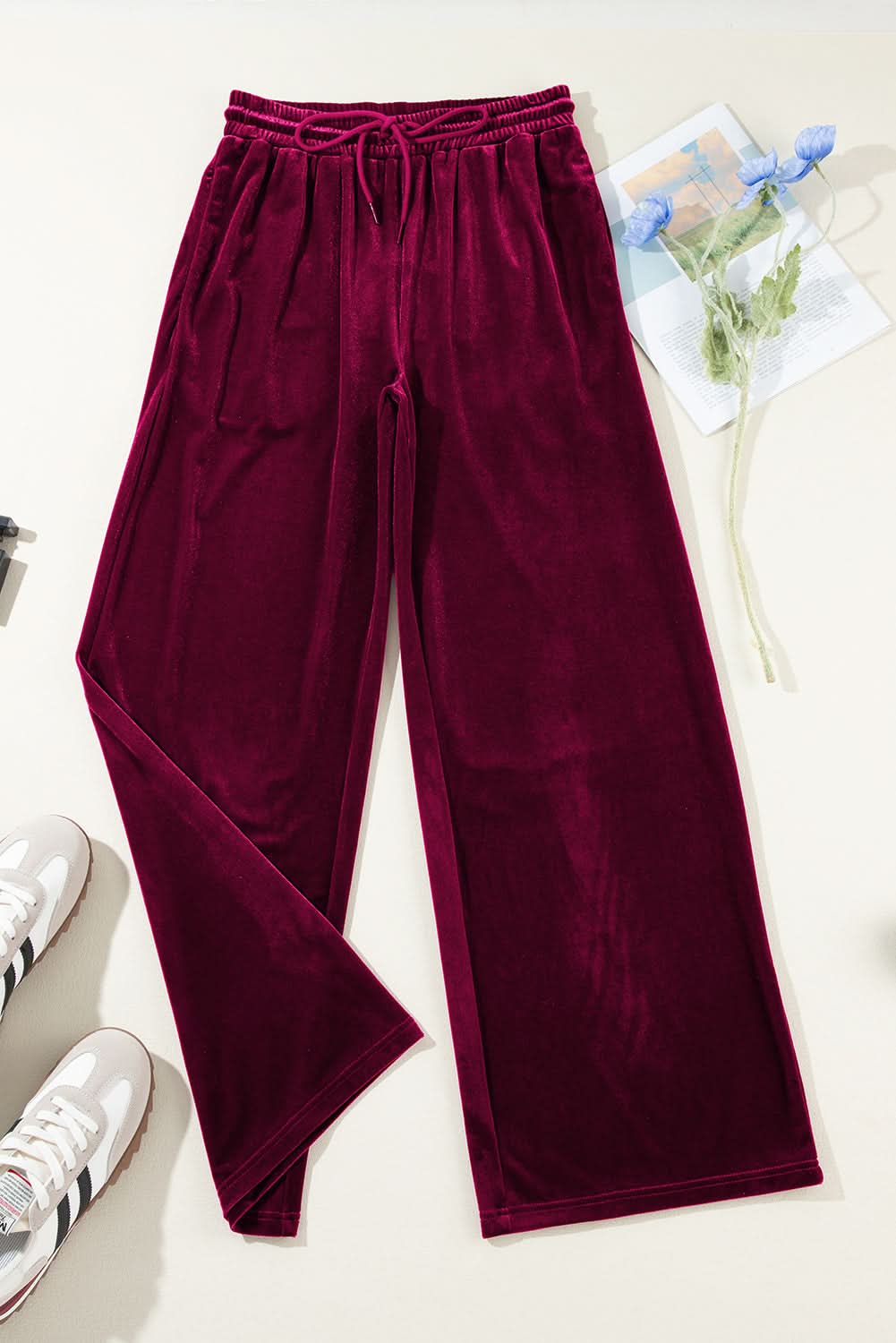 Black Solid Drawstring Waist Wide Leg Pants Burgundy 95%Polyester+5%Elastane