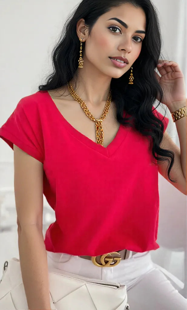 V-Neck Short Sleeve T-Shirt Red