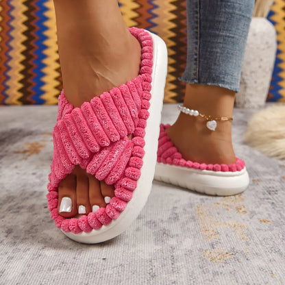 Crisscross Open Toe Platform Slippers Hot Pink
