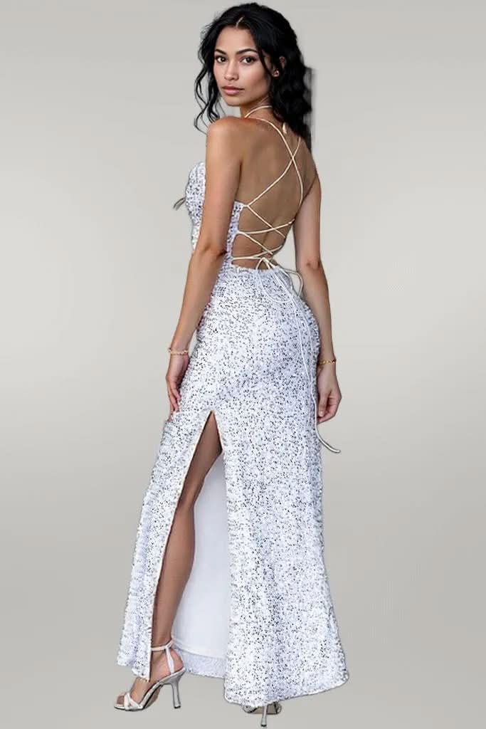 Sequin Backless Split Maxi Dress White