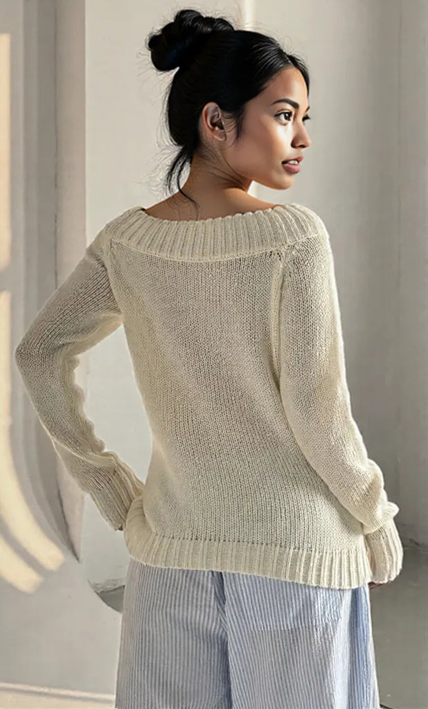 Ribbed Knit Boat Neck Sweater White