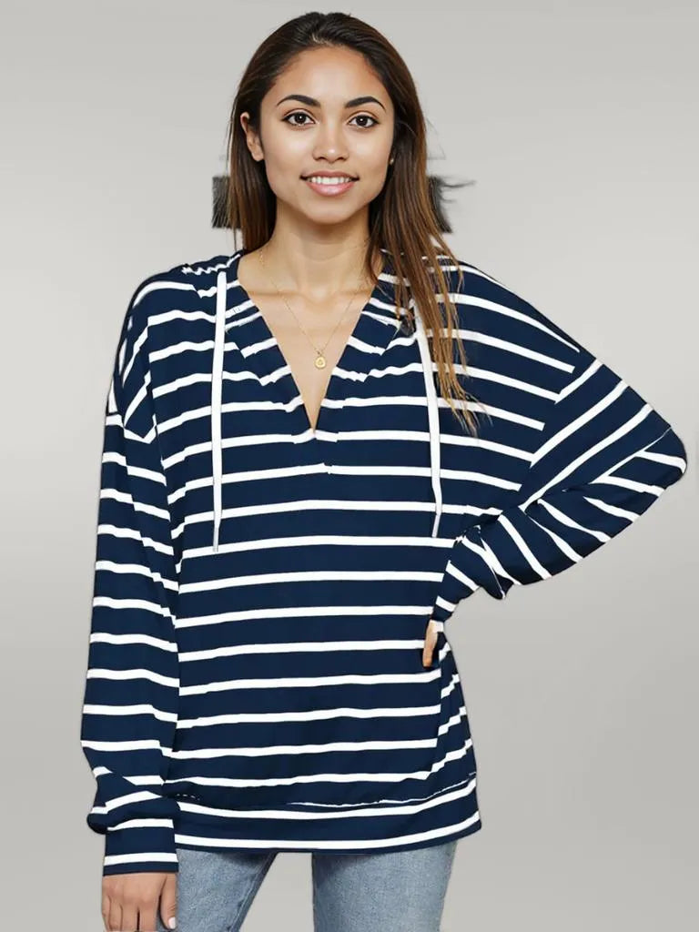 Drawstring Striped Long Sleeve Hoodie