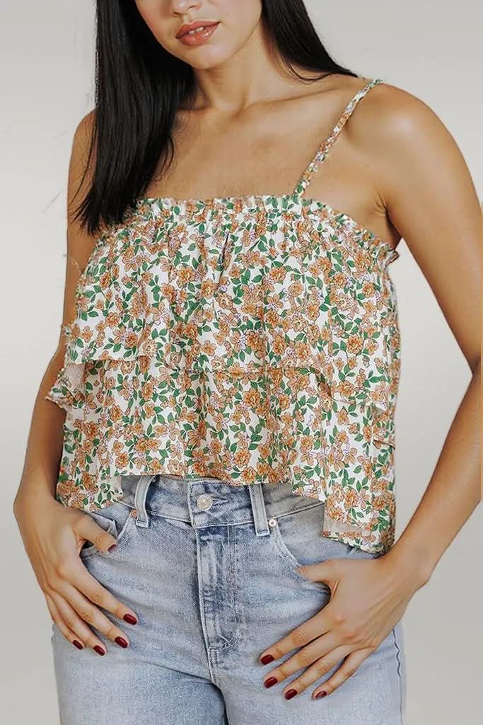 White Boho Floral Spaghetti Strap Ruffle Summer Tank Top