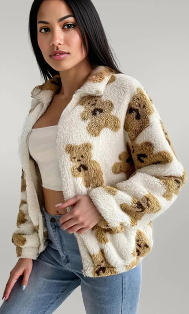 Bear Print Fleece Zip Up Outerwear