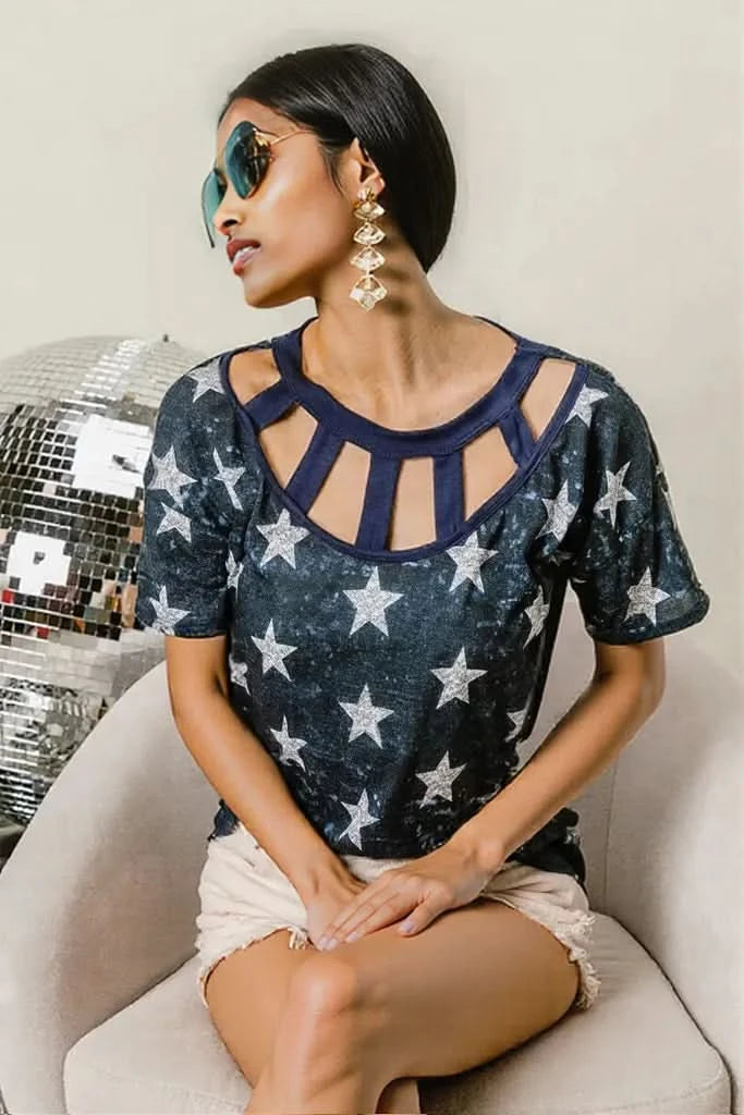 BiBi Vintage Star Print Top With Contrast Caged Neck