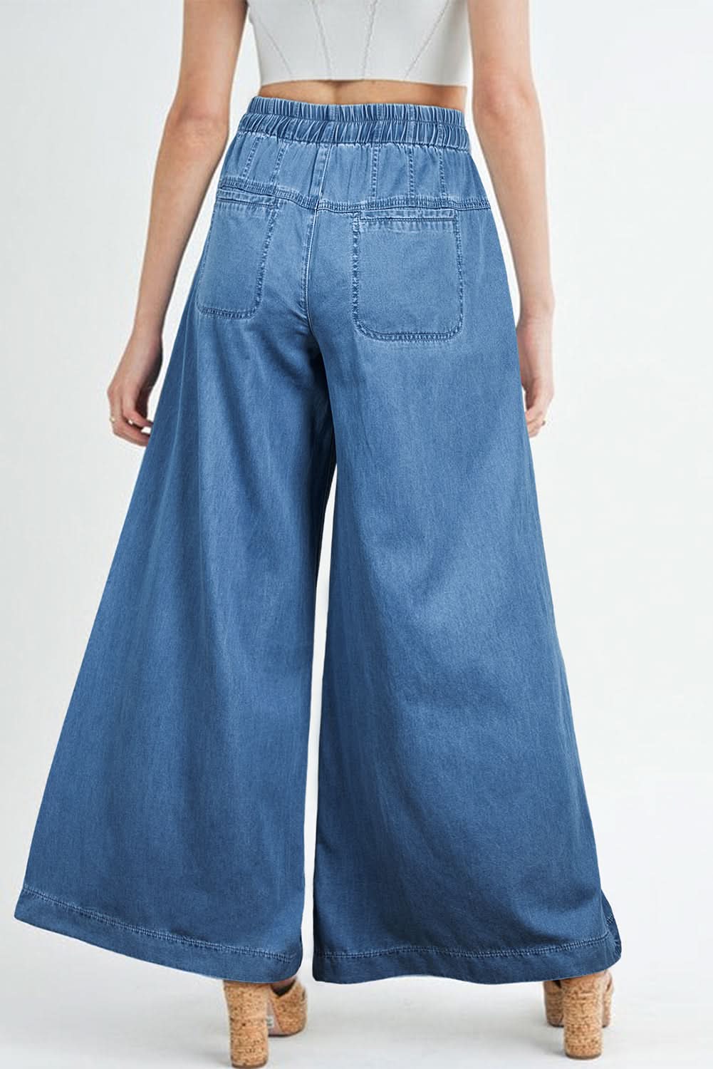 Blue Mineral Wash Button Fly Waist Wide Leg Jeans