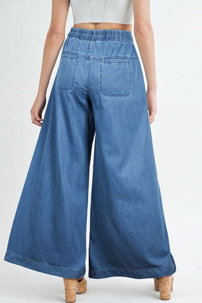 Blue Mineral Wash Button Fly Waist Wide Leg Jeans