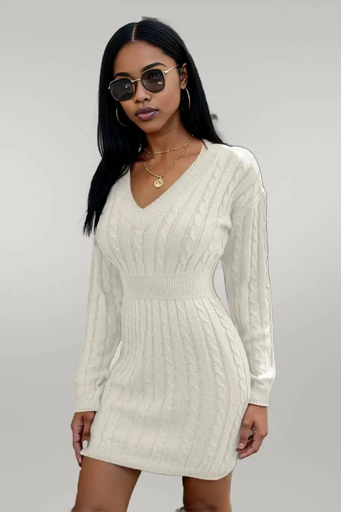 Cable-Knit V-Neck Long Sleeve Mini Sweater Dress