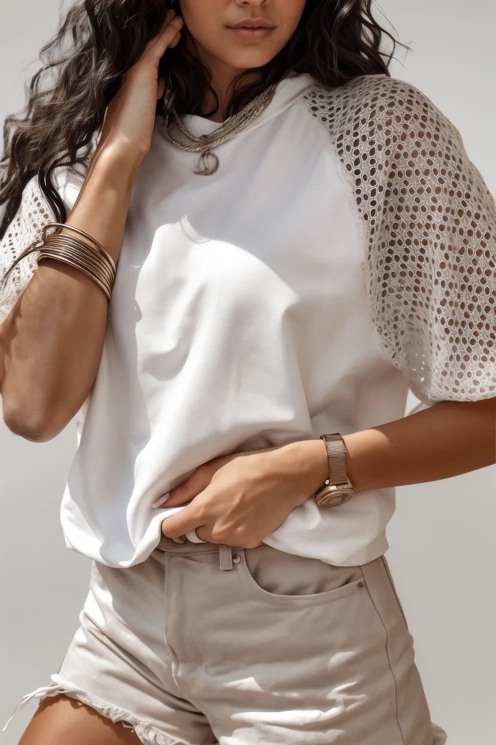 White Pointelle Lace Half Sleeve Crew Neck Tee White 95%Cotton+5%Elastane