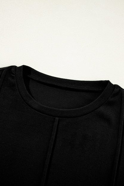 Black Solid Exposed Seam Crew Neck Long Sleeve Top