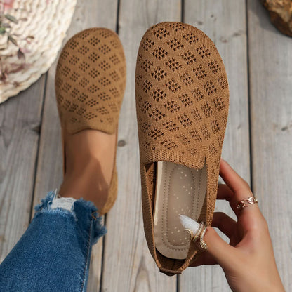 Mesh Round Toe Flat Slip-Ons Tan