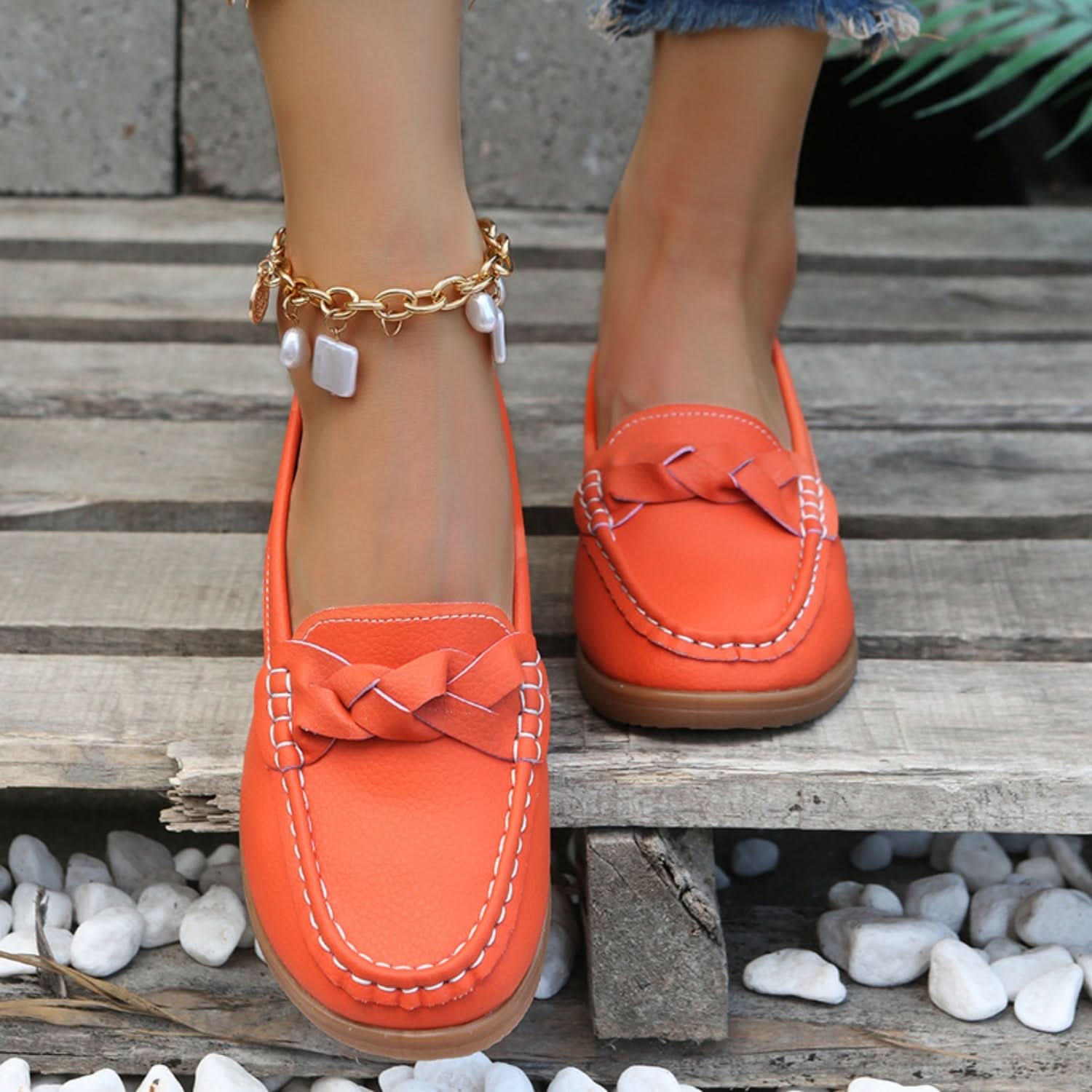 Weave Wedge Heeled Loafers Orange-Red