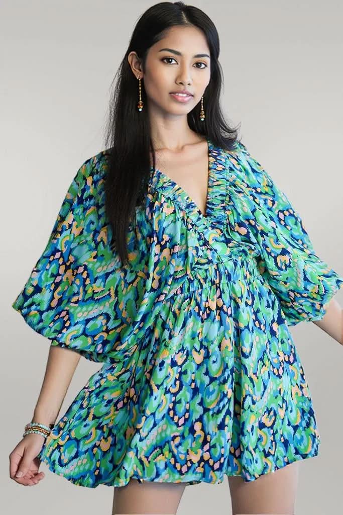 Pink Abstract Print Puff Sleeve V Neck High Waist Romper Green 100%Polyester
