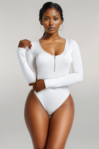 Half Zip Scoop Neck Long Sleeve Bodysuit White