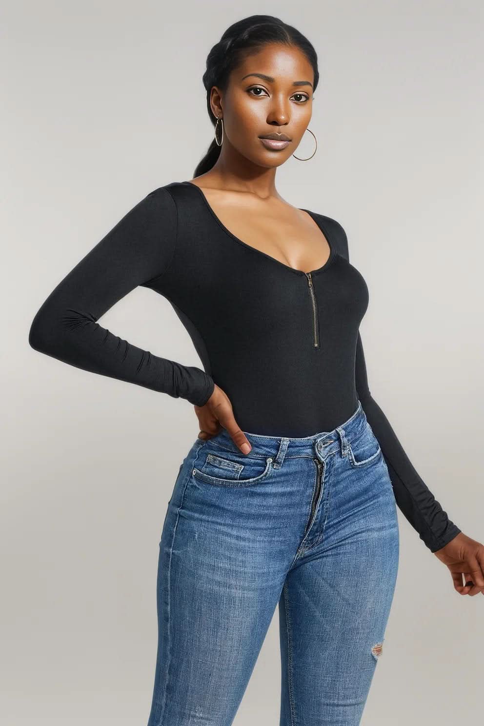Half Zip Scoop Neck Long Sleeve Bodysuit