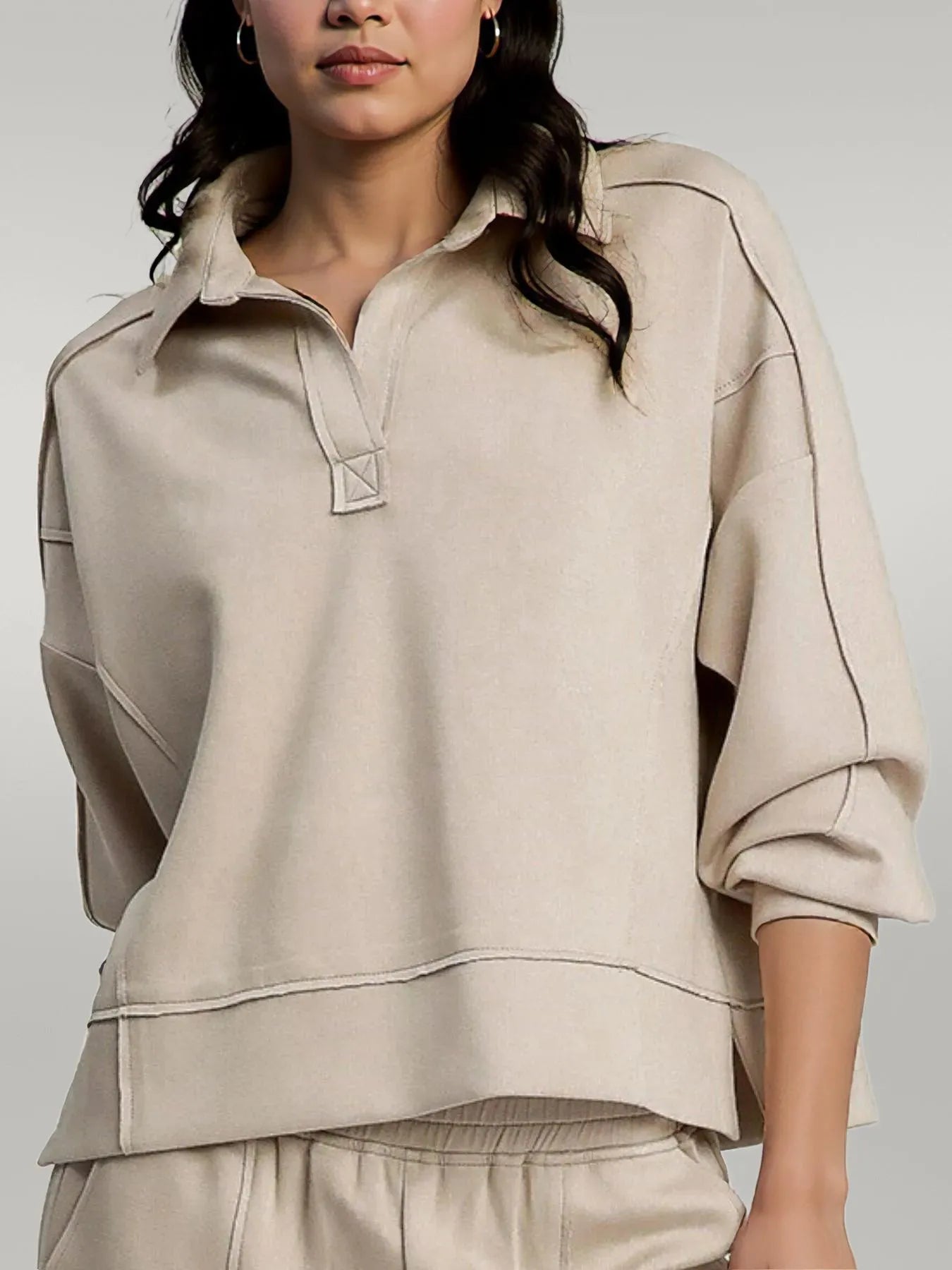 Umgee Exposed Seam Long Sleeve Polo Top with Side Slit