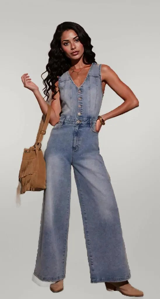 V-neck Wide Leg Denim Jumpsuit Medium