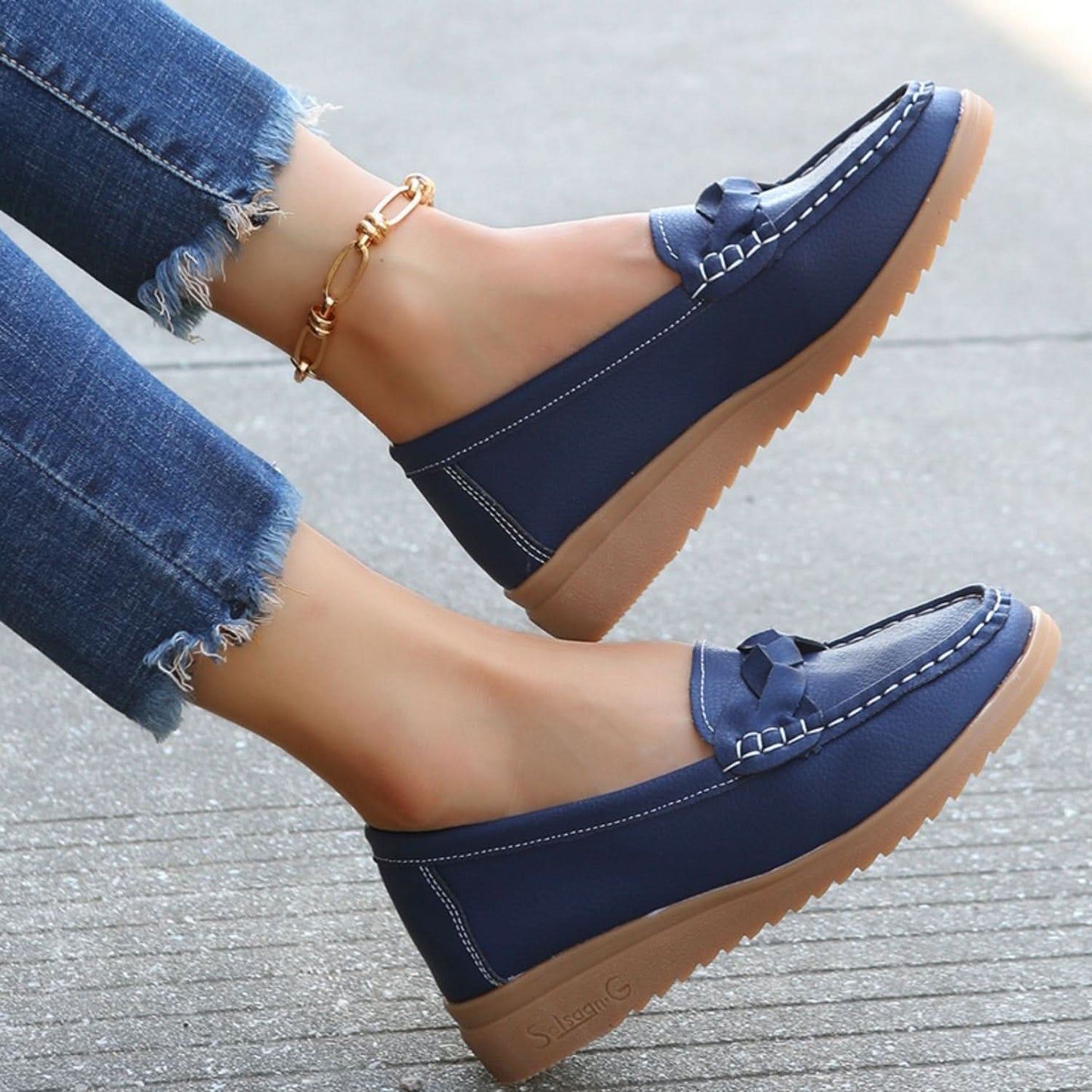 Weave Wedge Heeled Loafers Dark Blue