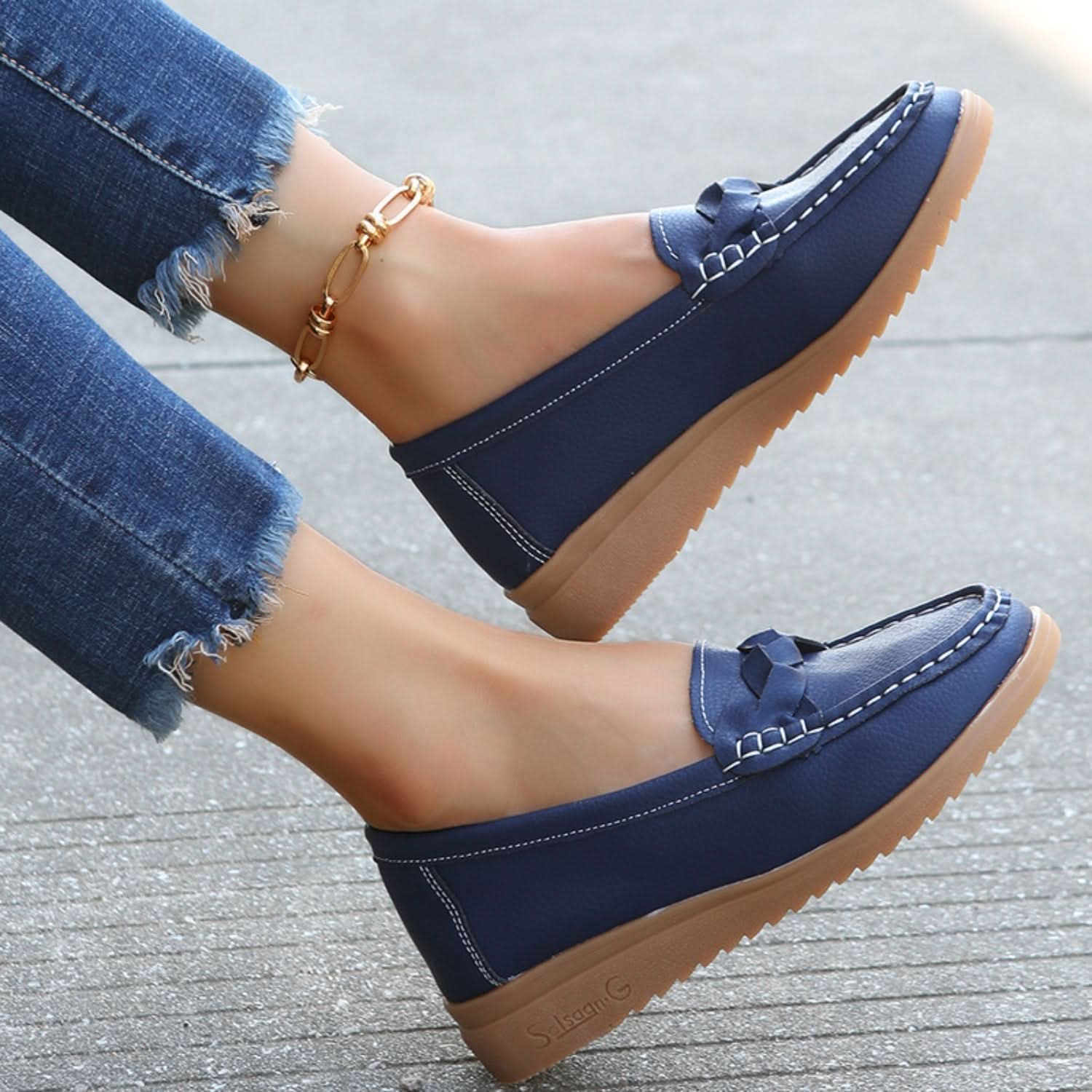 Weave Wedge Heeled Loafers Dark Blue