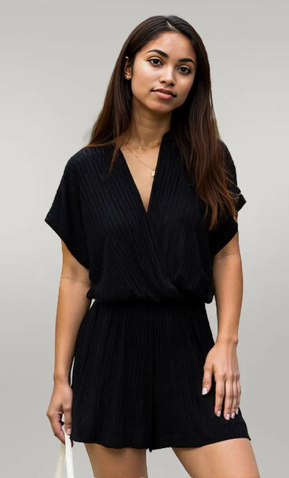 Surplice Short Sleeve Romper Black