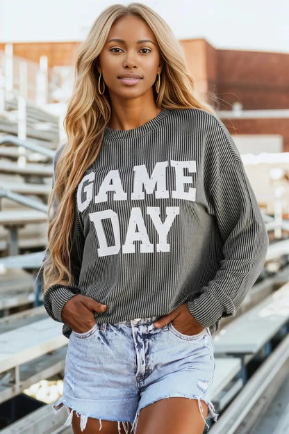 GAME DAY Striped Round Neck Long Sleeve Top Gray
