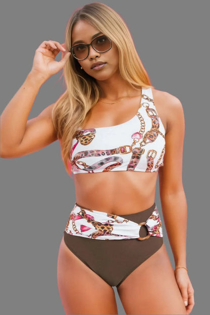 Khaki Abstract Print One Shoulder Ring Linked High Waist Bikini Khaki 82%Polyamide+18%Elastane