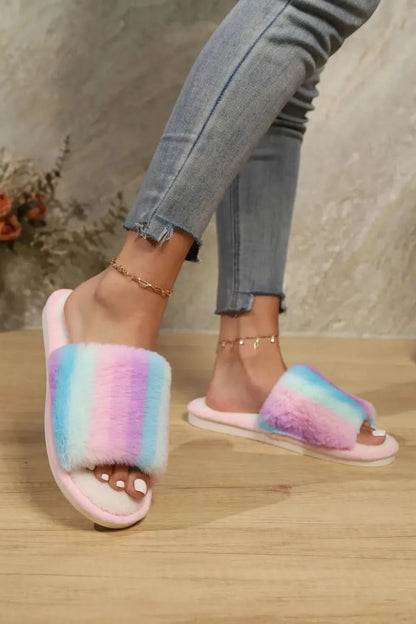 Color Block Open Toe Faux Fur PVC Slippers Pink Multicolor