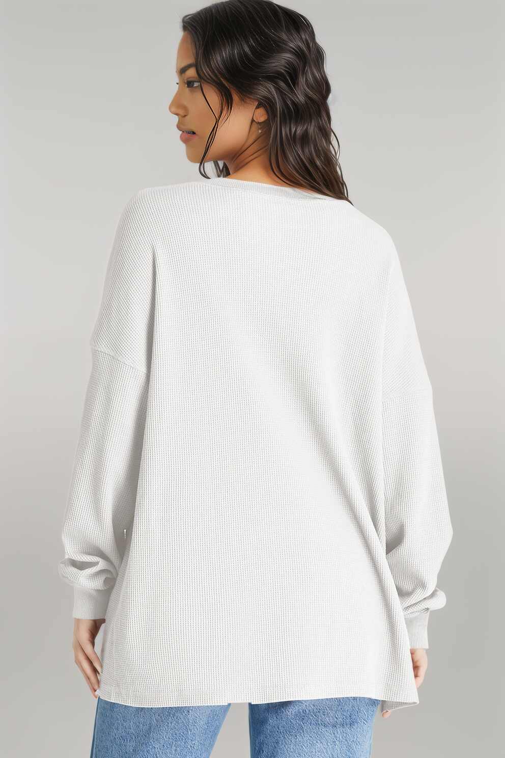 Waffle-Knit Long Sleeve Sweatshirt