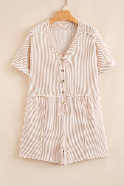 Parchment Spiral Ribbed Short Sleeve V Neck Buttoned Romper with Pocket