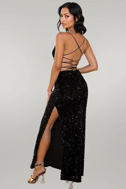 Sequin Backless Split Maxi Dress Black