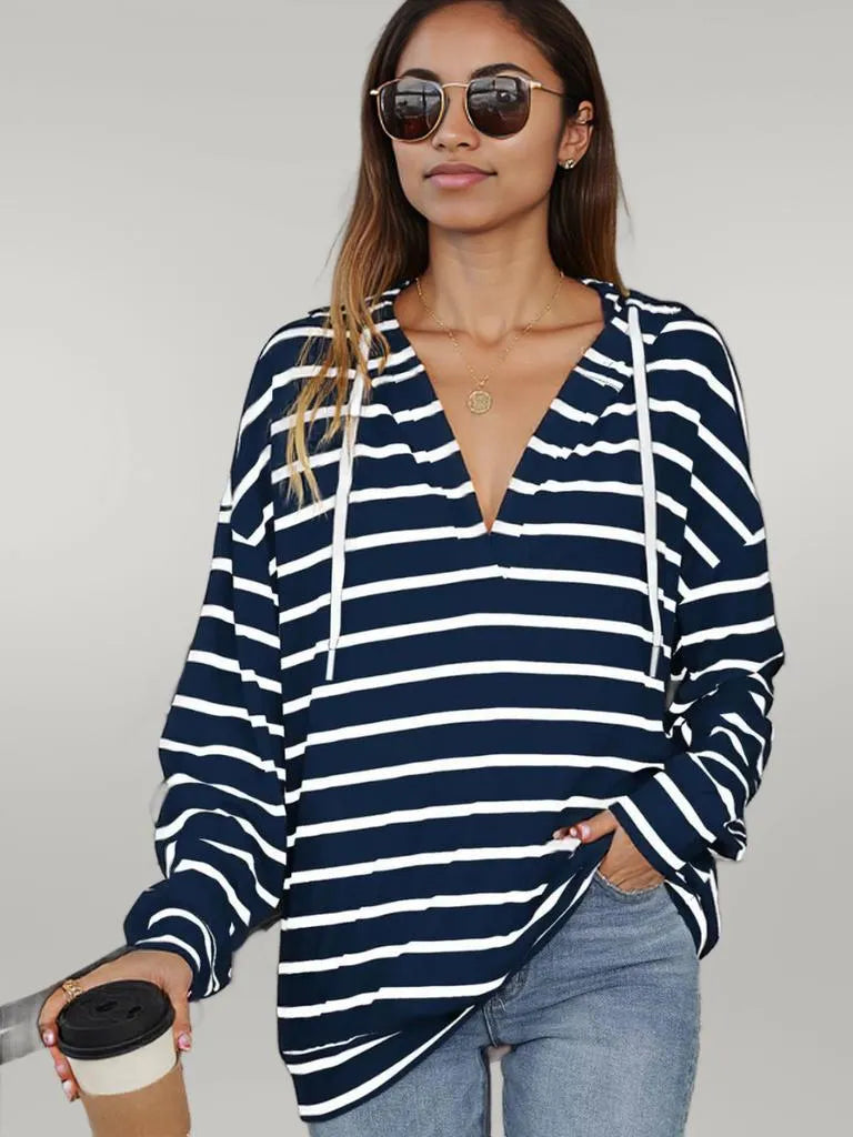 Drawstring Striped Long Sleeve Hoodie