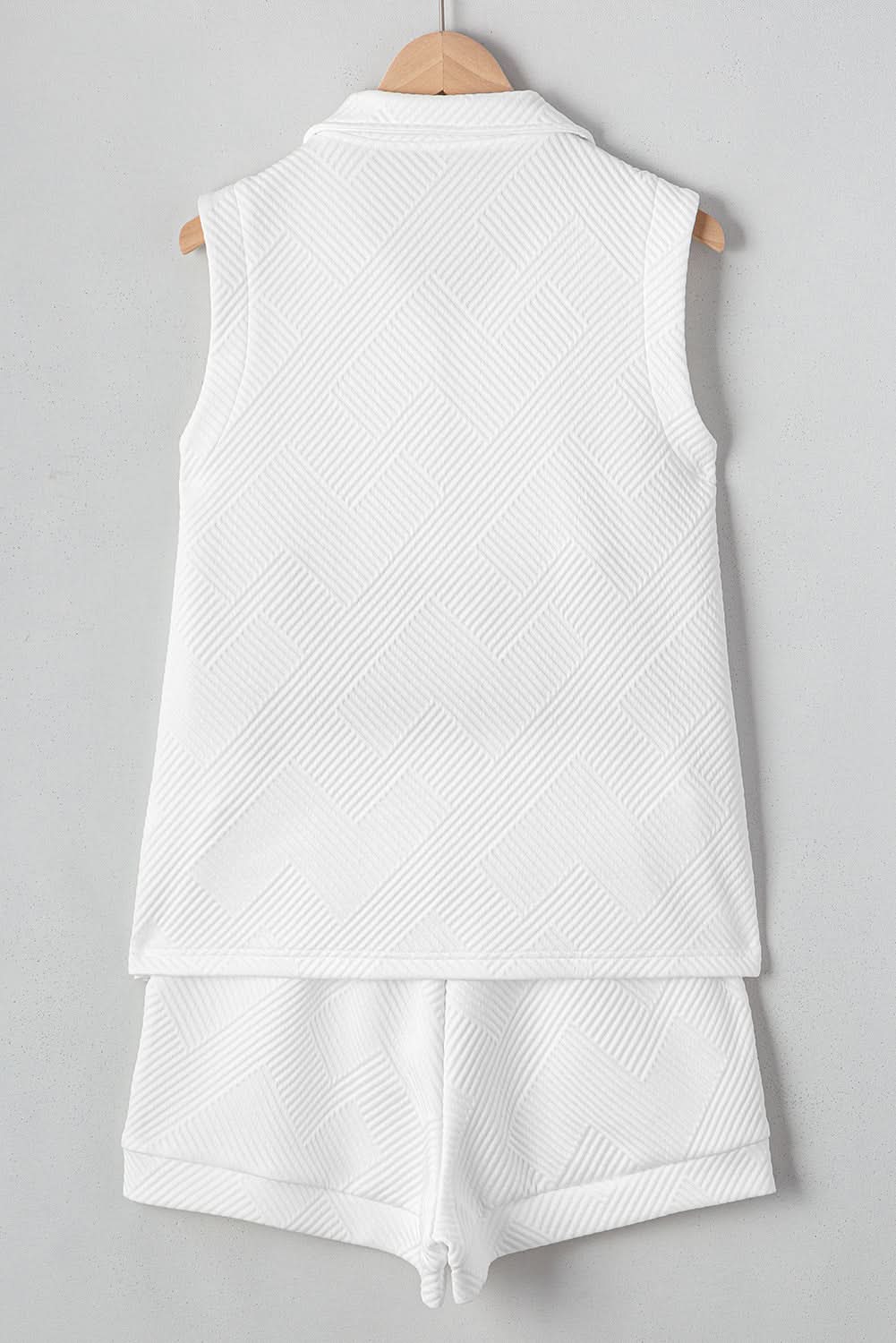 White Textured Half Zip Tank Top Drawstring Shorts Set White 97%Polyester+3%Elastane
