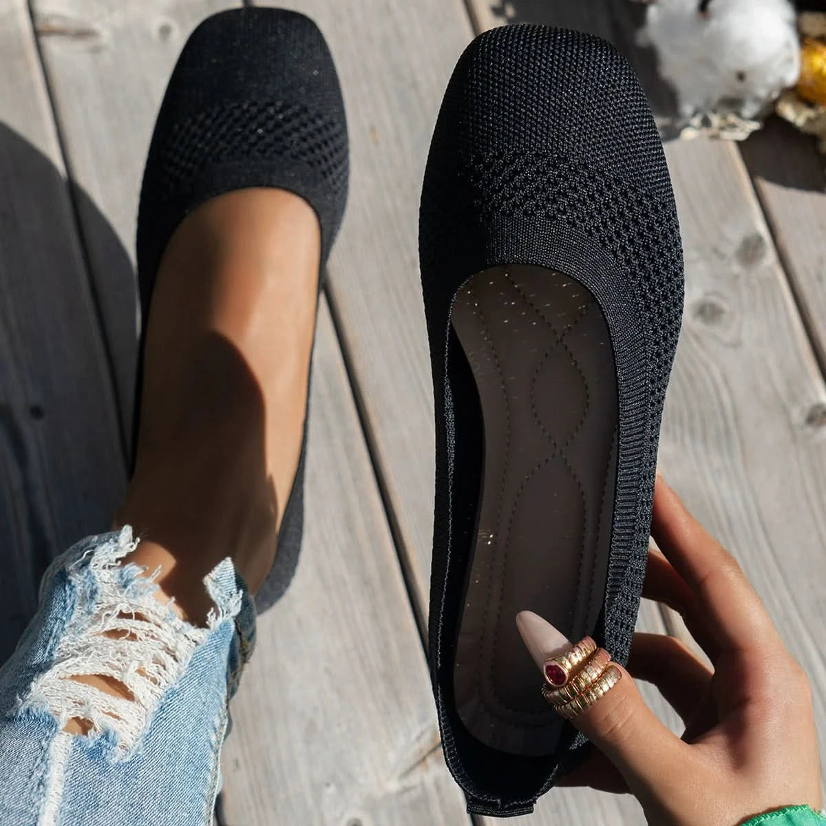 Square Toe Solid Color Mesh Slip-Ons Black