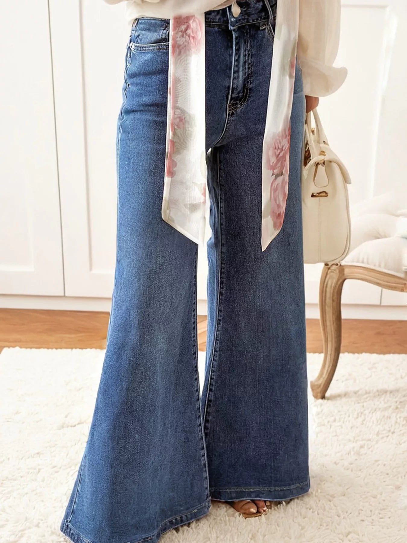 High Waist Button Zip Flare Leg Jeans Navy