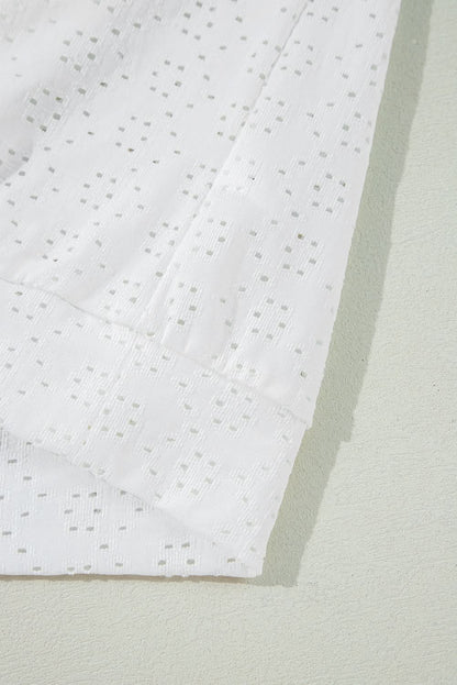 White Eyelet Pattern Boat Neck Casual Tee White 97%Polyester+3%Elastane