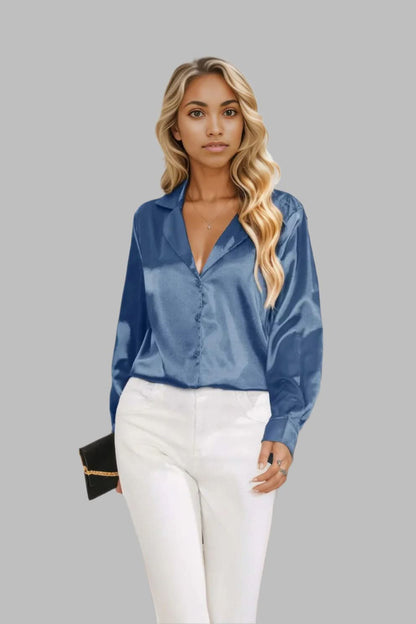 Lapel Collar Button Up Long Sleeve Shirt Light Blue
